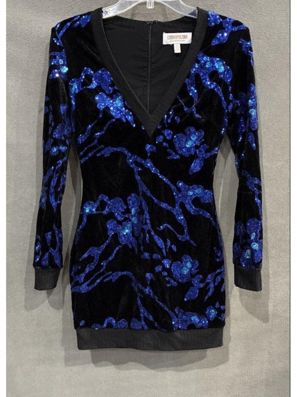Cosmo Dress the Population Collab Metallic Blue Black Sequin Mini Dress - XS